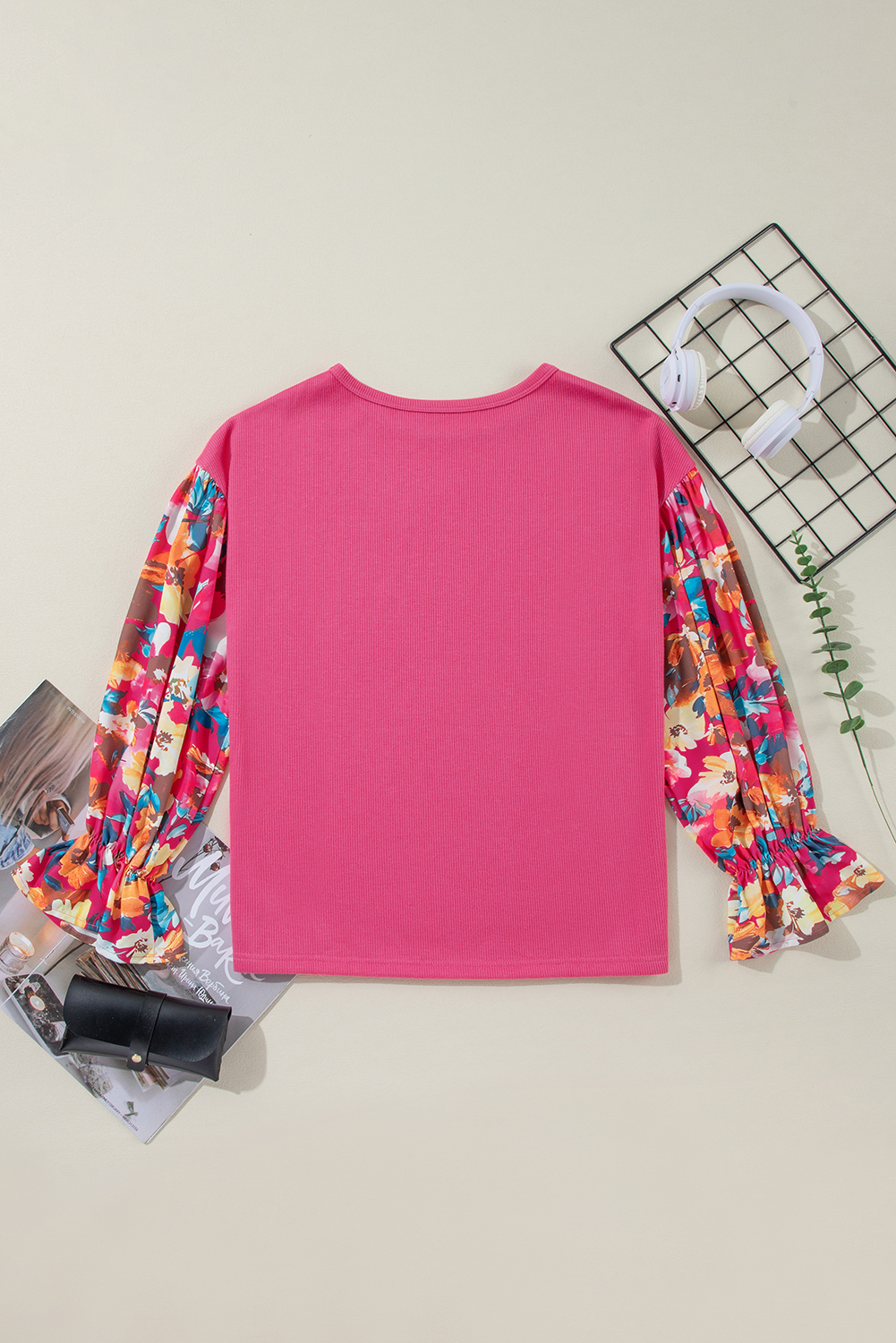 Trendy Round Neck Blouse: Pink Floral Patchwork Design with Ruffled Sleeves - Detail View 7 Trendy Round Neck Blouse: Pink Floral Patchwork Design with Ruffled Sleeves - Detail View 7