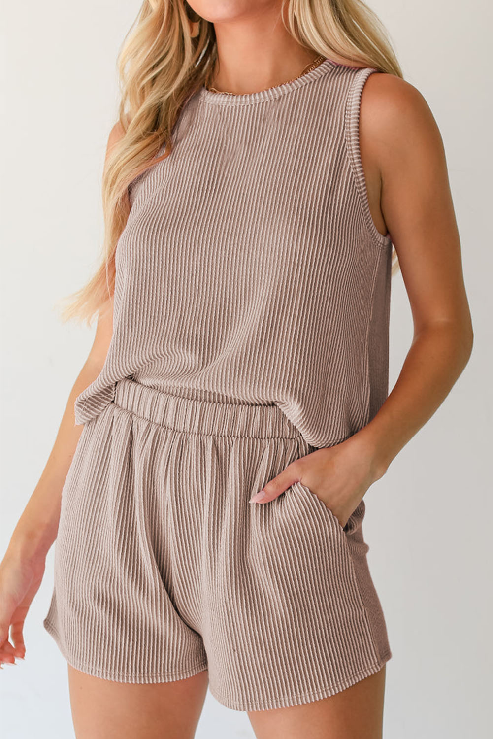 Women's Ribbed Sleeveless Set, Smoke Gray Casual Shorts Outfit - Detail View 10 Women's Ribbed Sleeveless Set, Smoke Gray Casual Shorts Outfit - Detail View 10