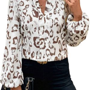 Women's Khaki Leopard Print Balloon Sleeve Blouse with Split Neck - Main View
