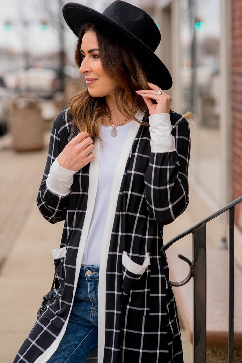 Women's Cardigan, Black Plaid, Colorblock, Open Front, Long Sleeve, Casual Style, Fall Fashion, Cozy Material, Front Pockets, Versatile Layering, Checkered Pattern, Daily Wear, Sweaters & Cardigans - Detail View 4 Women's Cardigan, Black Plaid, Colorblock, Open Front, Long Sleeve, Casual Style, Fall Fashion, Cozy Material, Front Pockets, Versatile Layering, Checkered Pattern, Daily Wear, Sweaters & Cardigans - Detail View 4