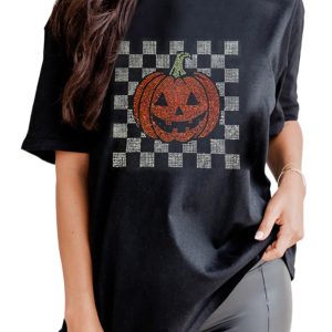 Casual Halloween Pumpkin Tee, Rhinestone Graphic Women Shirt - Main View
