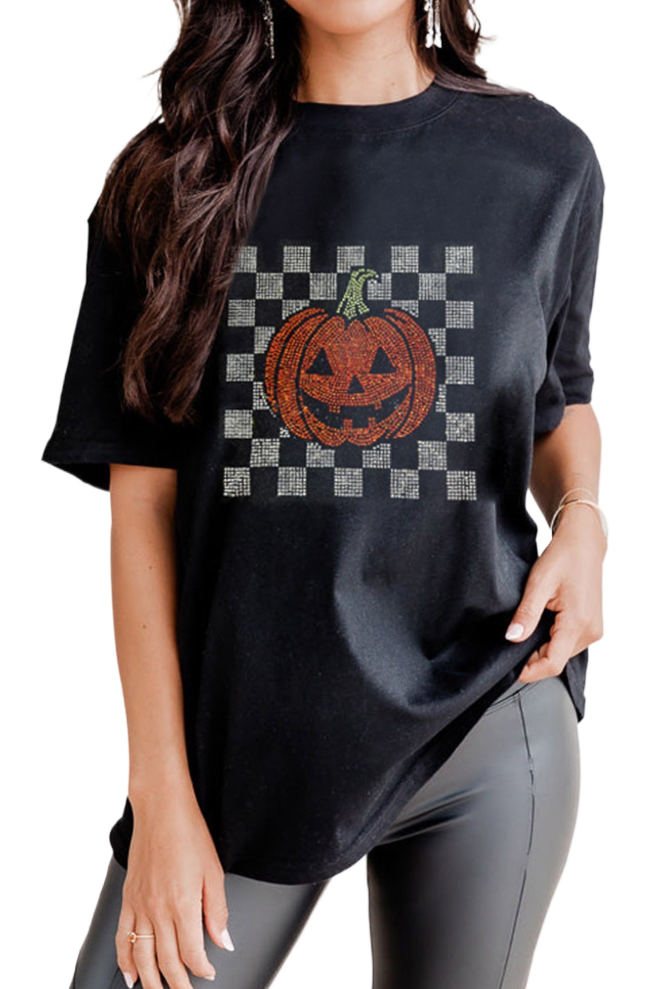 Casual Halloween Pumpkin Tee, Rhinestone Graphic Women Shirt - Main View Casual Halloween Pumpkin Tee, Rhinestone Graphic Women Shirt - Main View
