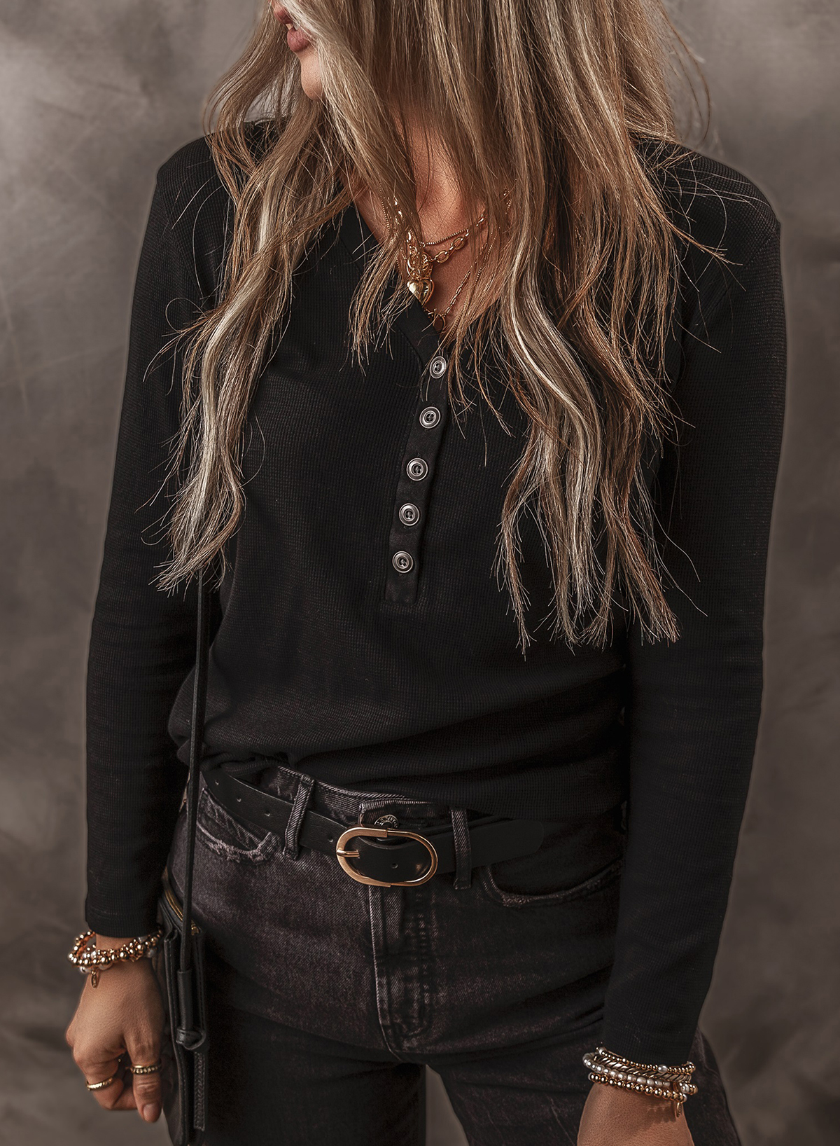 Women's Ribbed Henley Top, Long Sleeve Button Down Shirt - Detail View 7 Women's Ribbed Henley Top, Long Sleeve Button Down Shirt - Detail View 7