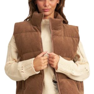 Women's Coffee Corduroy Stand Neck Zip Puffer Vest - Main View