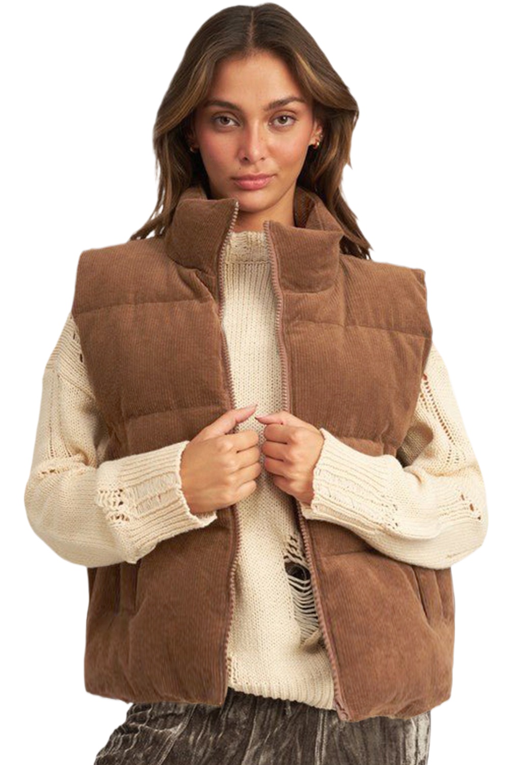Women's Coffee Corduroy Stand Neck Zip Puffer Vest - Main View Women's Coffee Corduroy Stand Neck Zip Puffer Vest - Main View