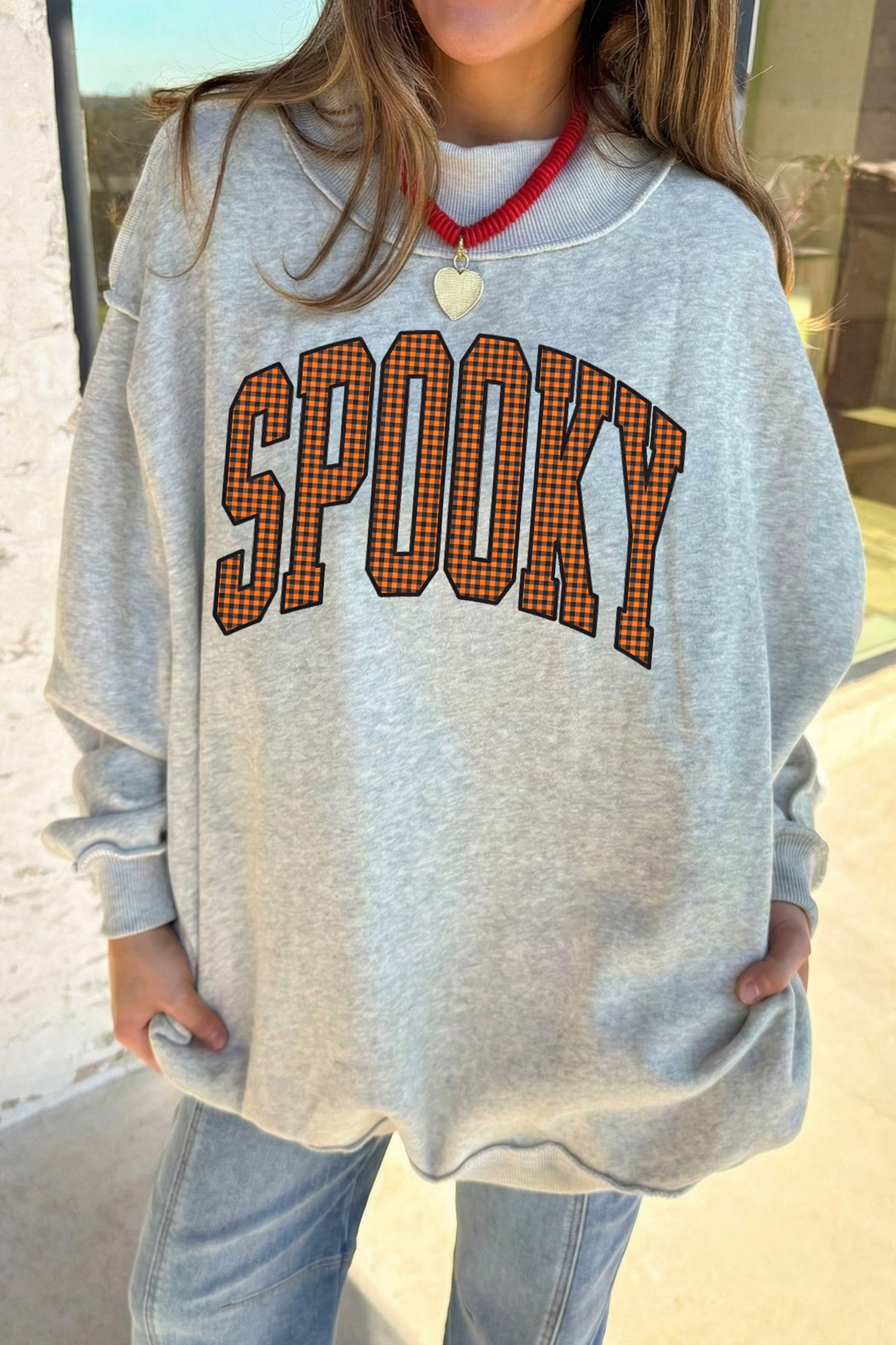 Witchy Graphic Mock Neck Sweatshirt, Light Grey Autumn Top - Detail View 5 Witchy Graphic Mock Neck Sweatshirt, Light Grey Autumn Top - Detail View 5