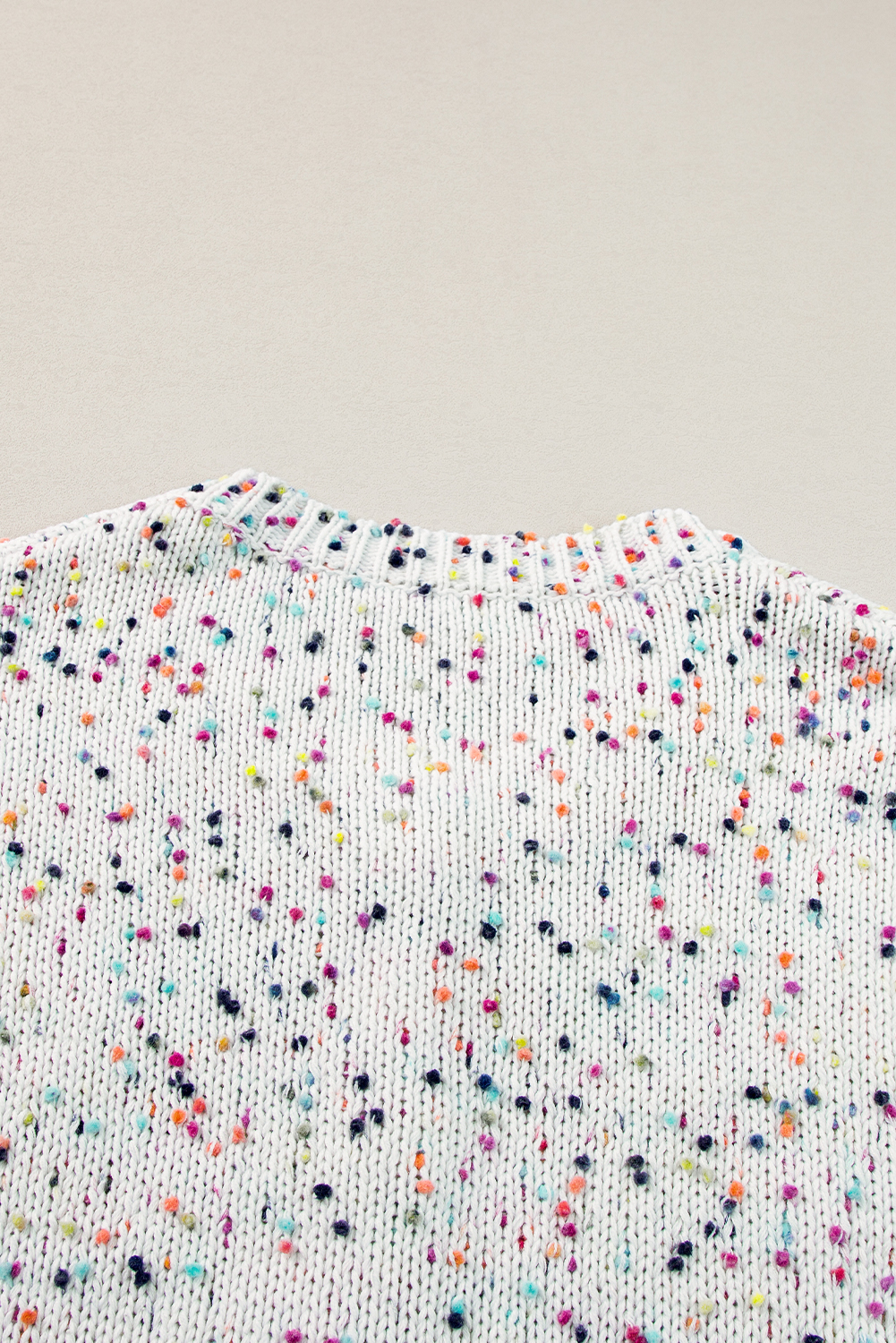 Stylish Long Sleeve Cardigan: White with Multicolor Confetti Pattern - Detail View 12 Stylish Long Sleeve Cardigan: White with Multicolor Confetti Pattern - Detail View 12