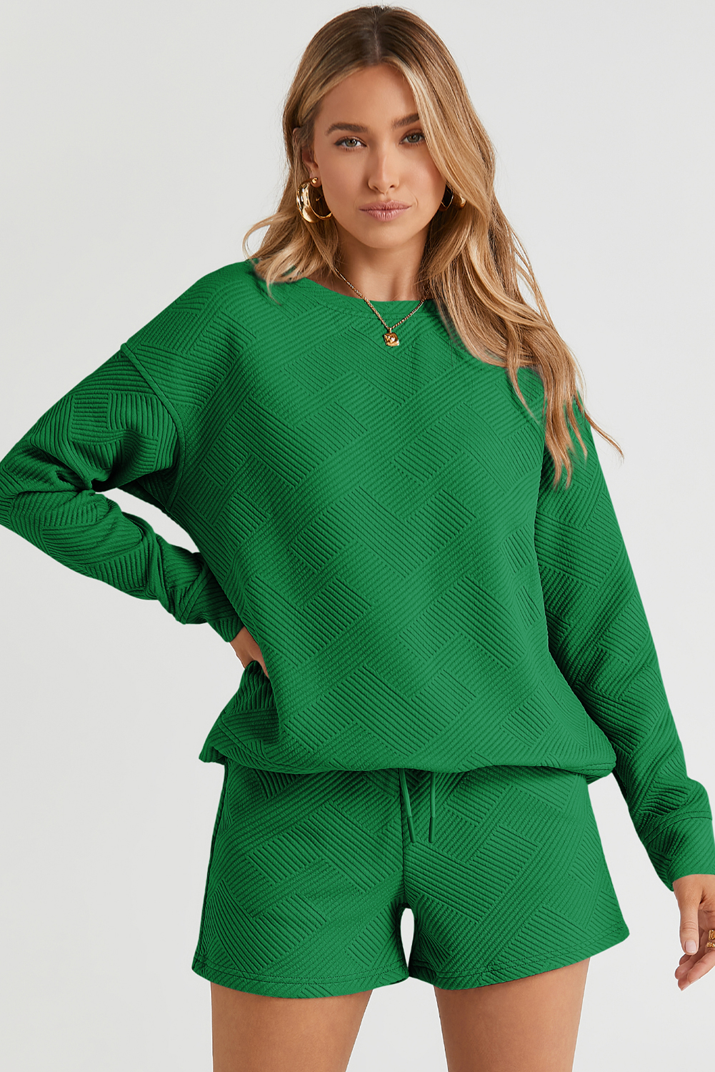 Women's Green Lounge Set, Textured Long Sleeve Top and Shorts - Detail View 7 Women's Green Lounge Set, Textured Long Sleeve Top and Shorts - Detail View 7