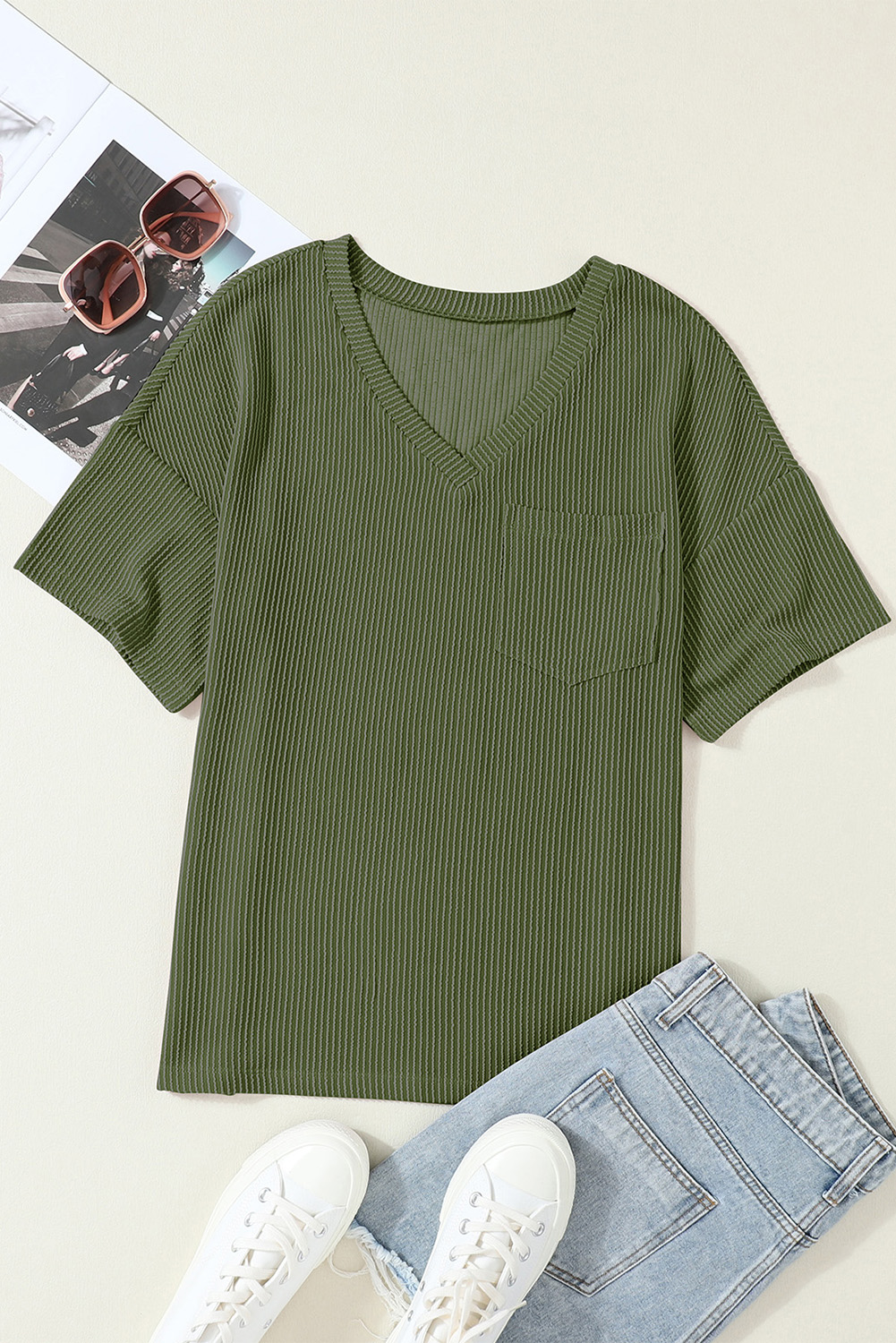 Loose Fit Corded V Neck Tee, Women's Solid Daily Vacation Top - Detail View 8 Loose Fit Corded V Neck Tee, Women's Solid Daily Vacation Top - Detail View 8