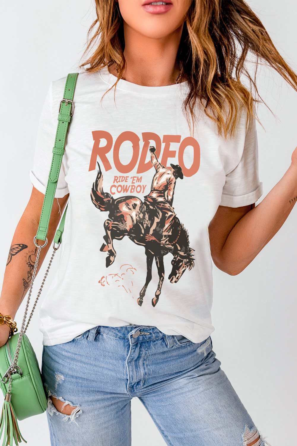 Classic Western Graphic Tee - White RODEO Print Crew Neck - Detail View 7 Classic Western Graphic Tee - White RODEO Print Crew Neck - Detail View 7