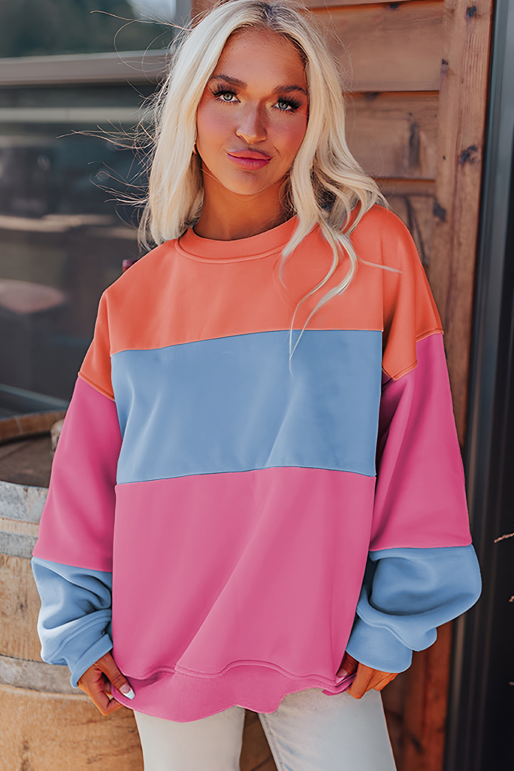 Women's Bright Pink Colorblock Patchwork Drop Shoulder Sweatshirt - Detail View 6 Women's Bright Pink Colorblock Patchwork Drop Shoulder Sweatshirt - Detail View 6