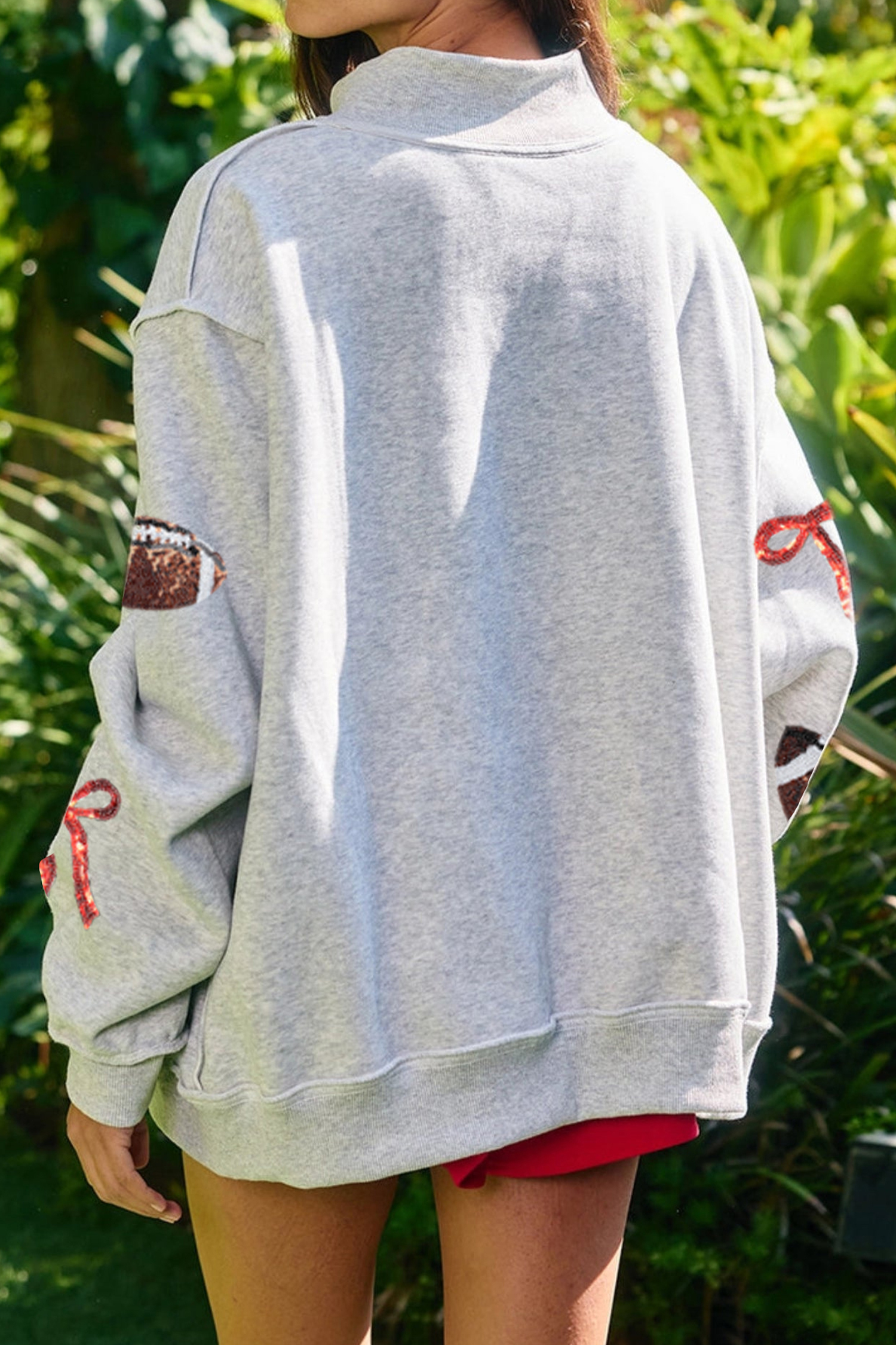 Grey Sequin Rugby Sweatshirt, Women Game Day Pullover - Detail View 2 Grey Sequin Rugby Sweatshirt, Women Game Day Pullover - Detail View 2