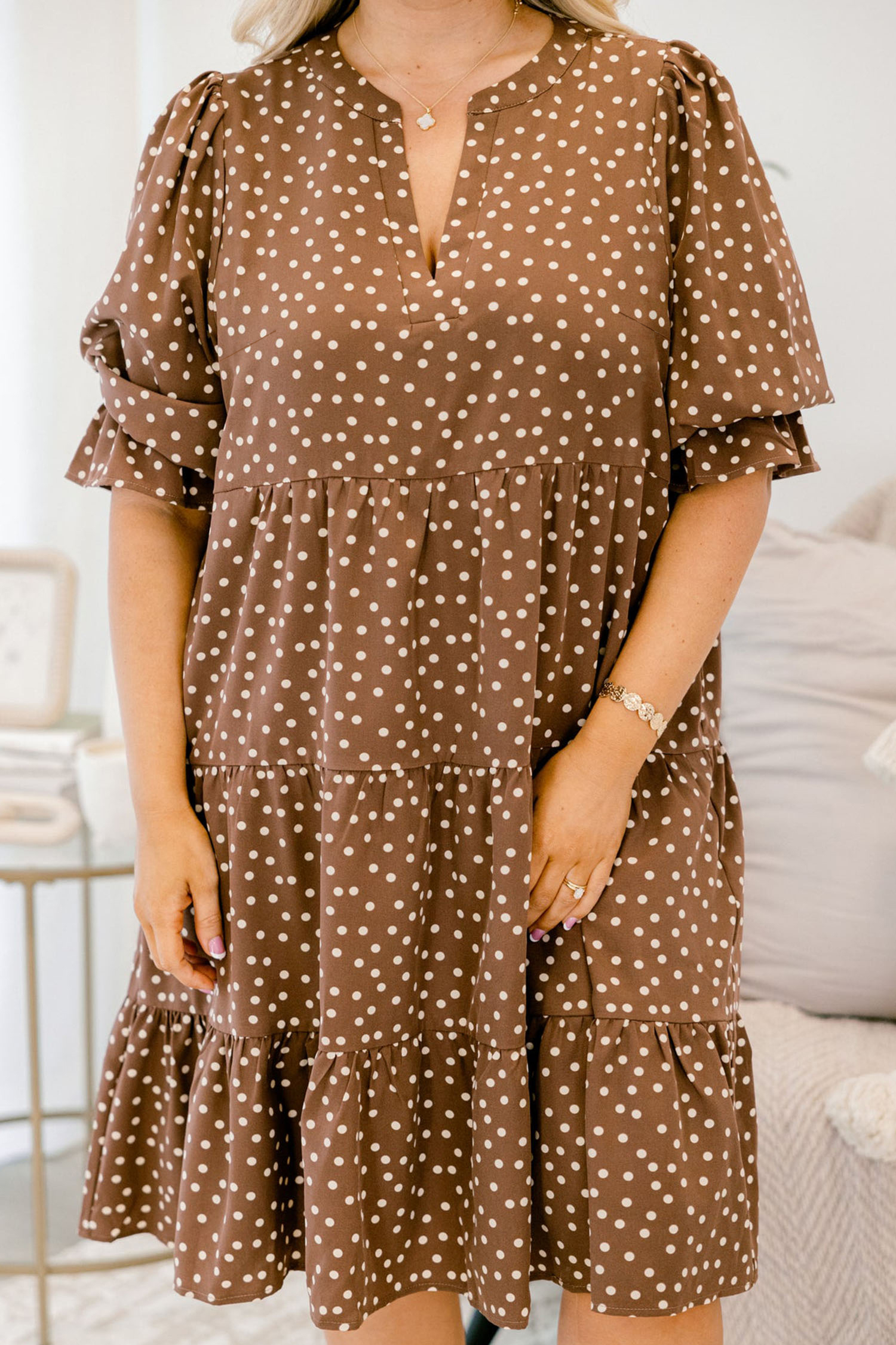 Elegant V Neck Tiered Dress, Women's Brown Polka Dot Summer - Detail View 3 Elegant V Neck Tiered Dress, Women's Brown Polka Dot Summer - Detail View 3
