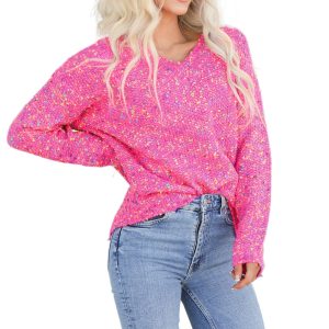 Women's Colorful Spot Sweater, V Neck Long Sleeve Knit Top - Main View