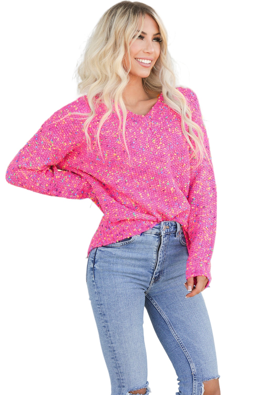 Women's Colorful Spot Sweater, V Neck Long Sleeve Knit Top - Main View Women's Colorful Spot Sweater, V Neck Long Sleeve Knit Top - Main View