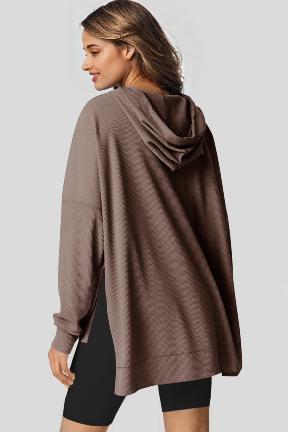 Stylish Long Sleeve Hooded Hoodie: Cozy Fleece Lined Design - Coffee - Detail View 2 Stylish Long Sleeve Hooded Hoodie: Cozy Fleece Lined Design - Coffee - Detail View 2
