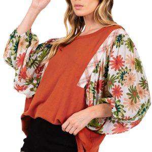 Women's Desert Gold Floral Puff Sleeve Blouse - Elegant Patchwork Design - Main View