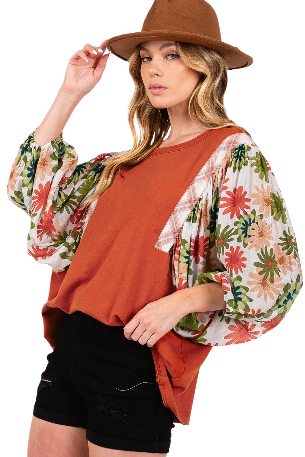 Women's Desert Gold Floral Puff Sleeve Blouse - Elegant Patchwork Design - Main View Women's Desert Gold Floral Puff Sleeve Blouse - Elegant Patchwork Design - Main View