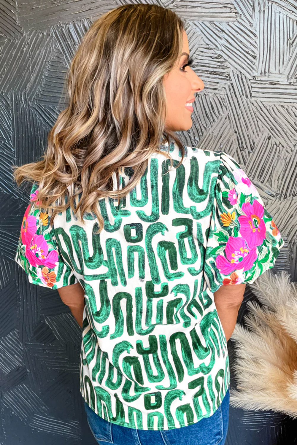 Green Abstract Summer Top, Women's Frilled Neck Casual Shirt - Detail View 3 Green Abstract Summer Top, Women's Frilled Neck Casual Shirt - Detail View 3