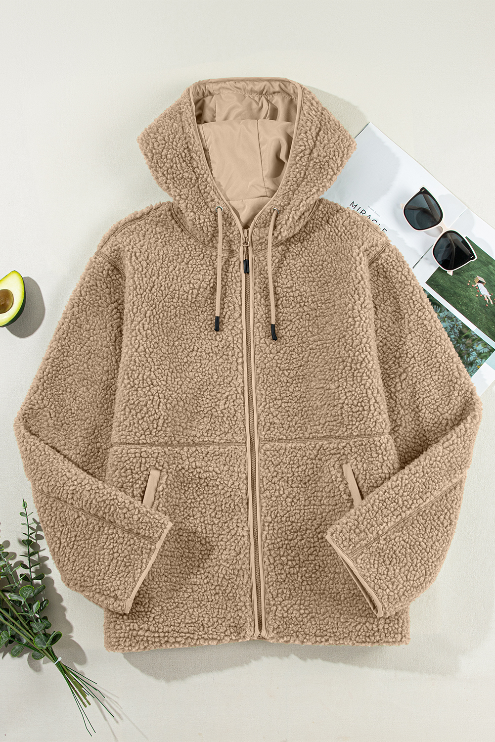 Casual Long Sleeve Fleece Jacket - Cozy Pale Khaki Zip Up for Winter - Detail View 14 Casual Long Sleeve Fleece Jacket - Cozy Pale Khaki Zip Up for Winter - Detail View 14