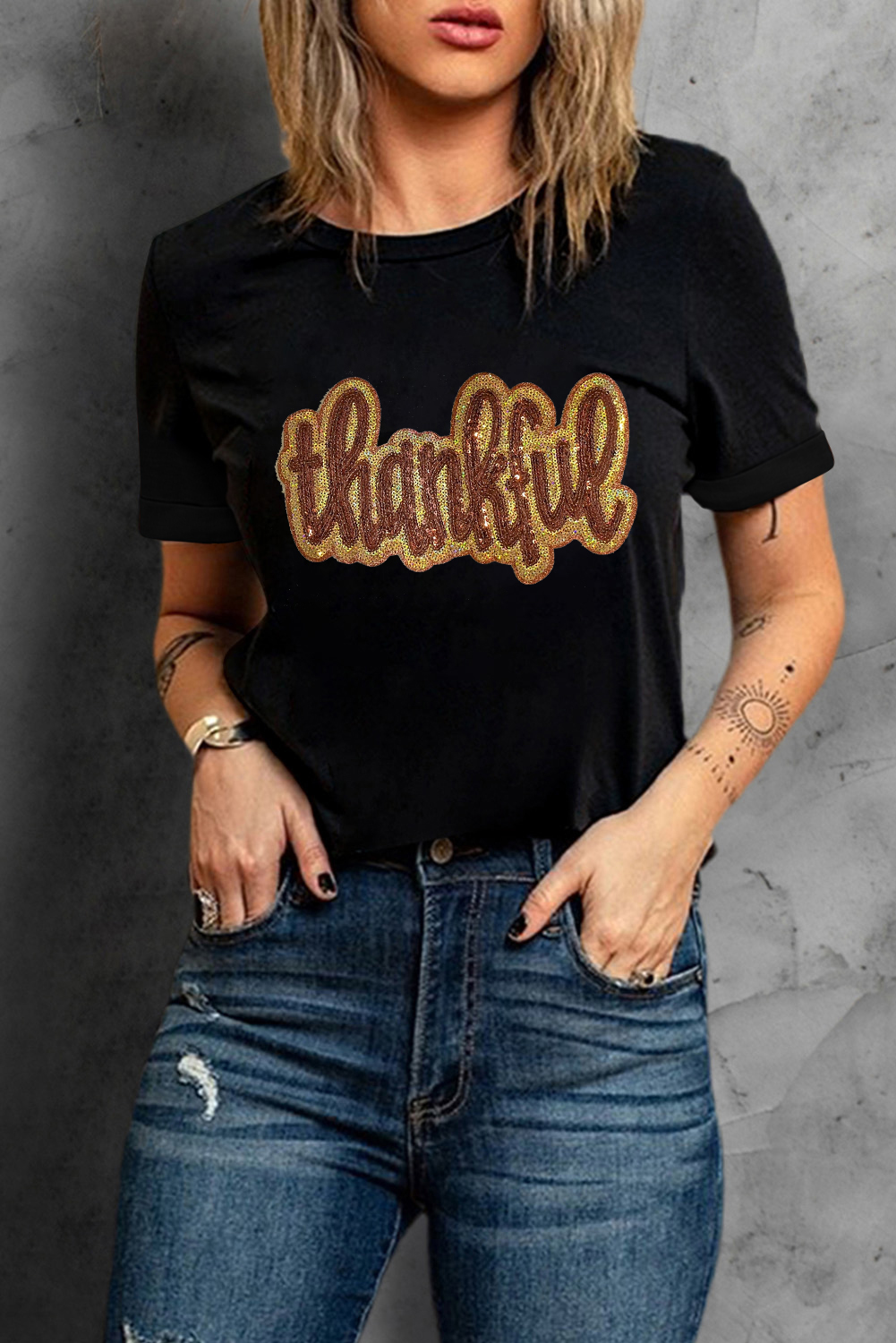 Thankful Graphic Tee: Black Sequined Round Neck for Holiday Season - Detail View 7 Thankful Graphic Tee: Black Sequined Round Neck for Holiday Season - Detail View 7