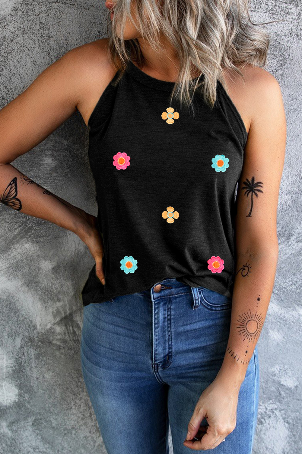 Black Sleeveless Floral Tank, Round Neck Summer Graphic Top - Detail View 2 Black Sleeveless Floral Tank, Round Neck Summer Graphic Top - Detail View 2