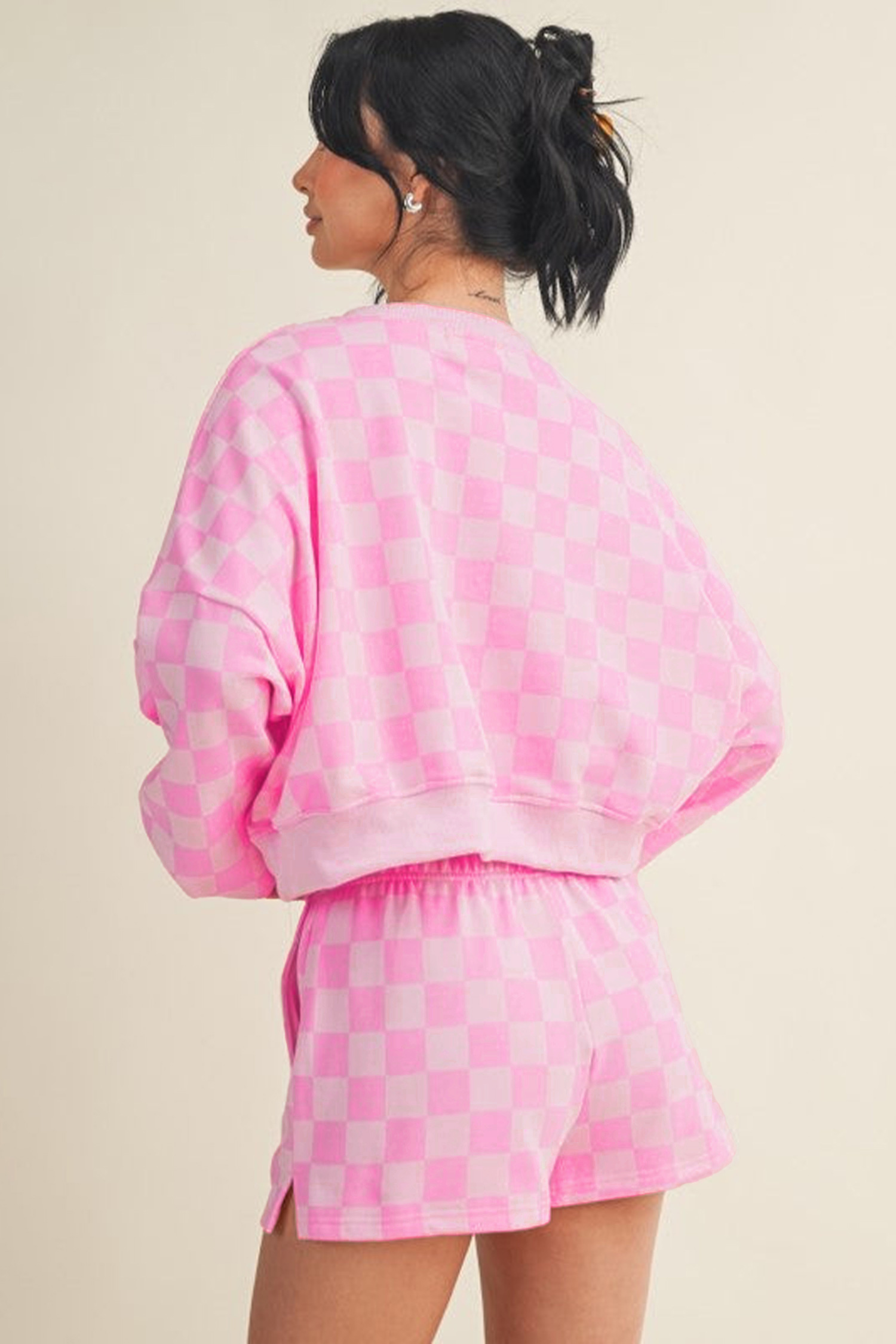 Trendy Pink Plaid Crop Top Set, High Waist Shorts Lounge - Detail View 3 Trendy Pink Plaid Crop Top Set, High Waist Shorts Lounge - Detail View 3