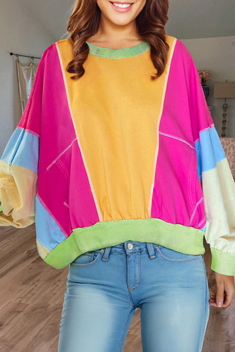 Stylish Long Sleeve Color Block Top: Grapefruit Orange Patchwork Design - Detail View 2 Stylish Long Sleeve Color Block Top: Grapefruit Orange Patchwork Design - Detail View 2