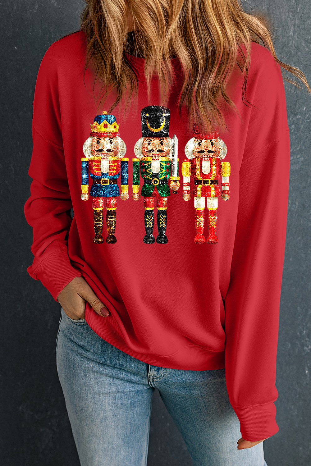 Women's Sweatshirt, Red Christmas, Metallic Graphic, Nutcracker Design, Crew Neck, Long Sleeve, Casual Style, Cozy Fit, Holiday Apparel, Festive Wear, Daily Use, Shift Silhouette, Comfortable Material, Graphic Sweatshirts - Detail View 4 Women's Sweatshirt, Red Christmas, Metallic Graphic, Nutcracker Design, Crew Neck, Long Sleeve, Casual Style, Cozy Fit, Holiday Apparel, Festive Wear, Daily Use, Shift Silhouette, Comfortable Material, Graphic Sweatshirts - Detail View 4