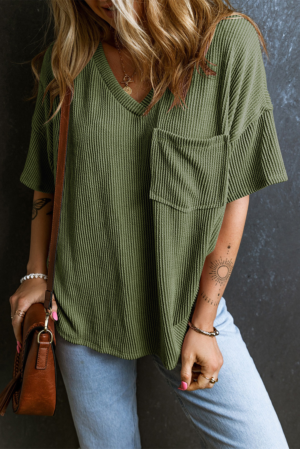 Women's Corded V Neck T-shirt, Casual Jungle Green Pocket Top - Detail View 4 Women's Corded V Neck T-shirt, Casual Jungle Green Pocket Top - Detail View 4