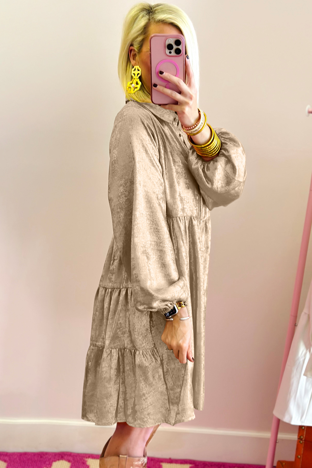 Glamorous and Practical Apricot Velvet Puff Sleeve Mini Dress - Detail View 3 Glamorous and Practical Apricot Velvet Puff Sleeve Mini Dress - Detail View 3