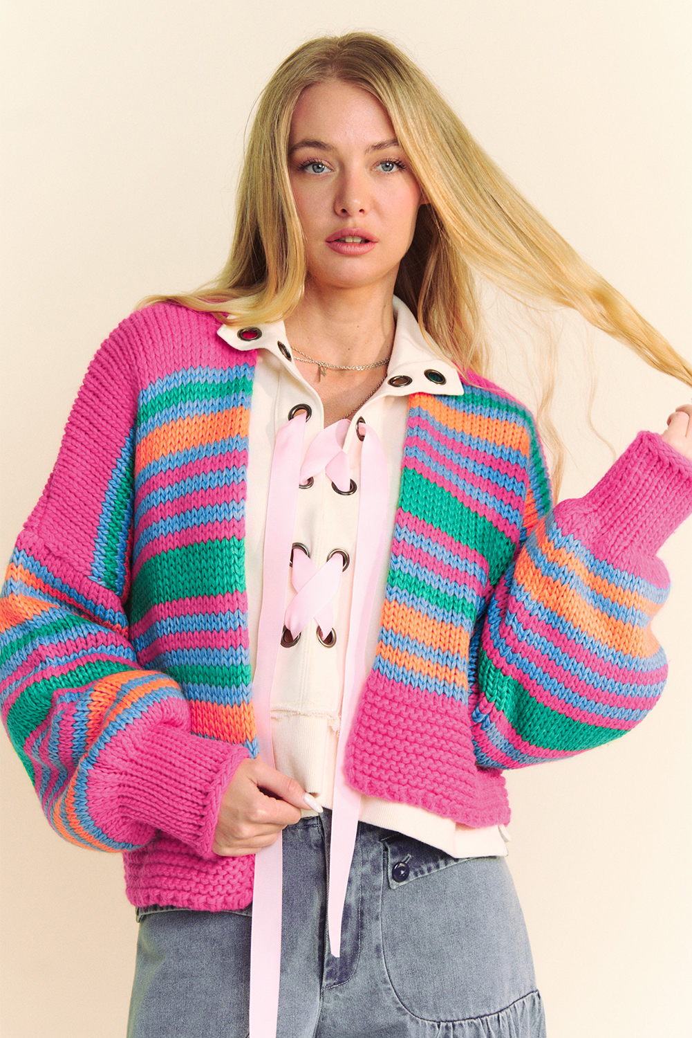 Women's Cardigan, Rose Stripe, Puff Sleeve, Drop Shoulder, Open Front, Casual Style, Comfortable Fit, Color Block, Daily Wear, Long Sleeve, Relaxed Silhouette, Trendy Layering, Acrylic Material, Fashionable Sweater - Detail View 4 Women's Cardigan, Rose Stripe, Puff Sleeve, Drop Shoulder, Open Front, Casual Style, Comfortable Fit, Color Block, Daily Wear, Long Sleeve, Relaxed Silhouette, Trendy Layering, Acrylic Material, Fashionable Sweater - Detail View 4