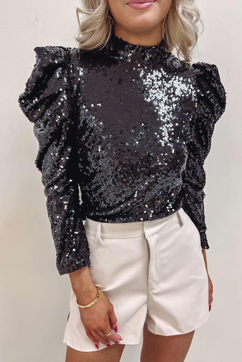 Black Sequin Blouse, Mock Neck Leg of Mutton Sleeve Top - Detail View 8 Black Sequin Blouse, Mock Neck Leg of Mutton Sleeve Top - Detail View 8