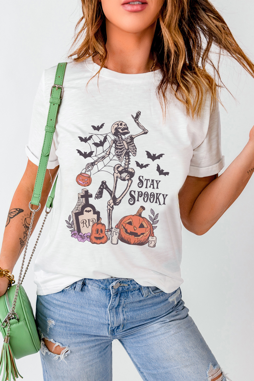 Women's White Skull Pumpkin Face STAY SPOOKY Halloween Graphic Tee - Detail View 6 Women's White Skull Pumpkin Face STAY SPOOKY Halloween Graphic Tee - Detail View 6