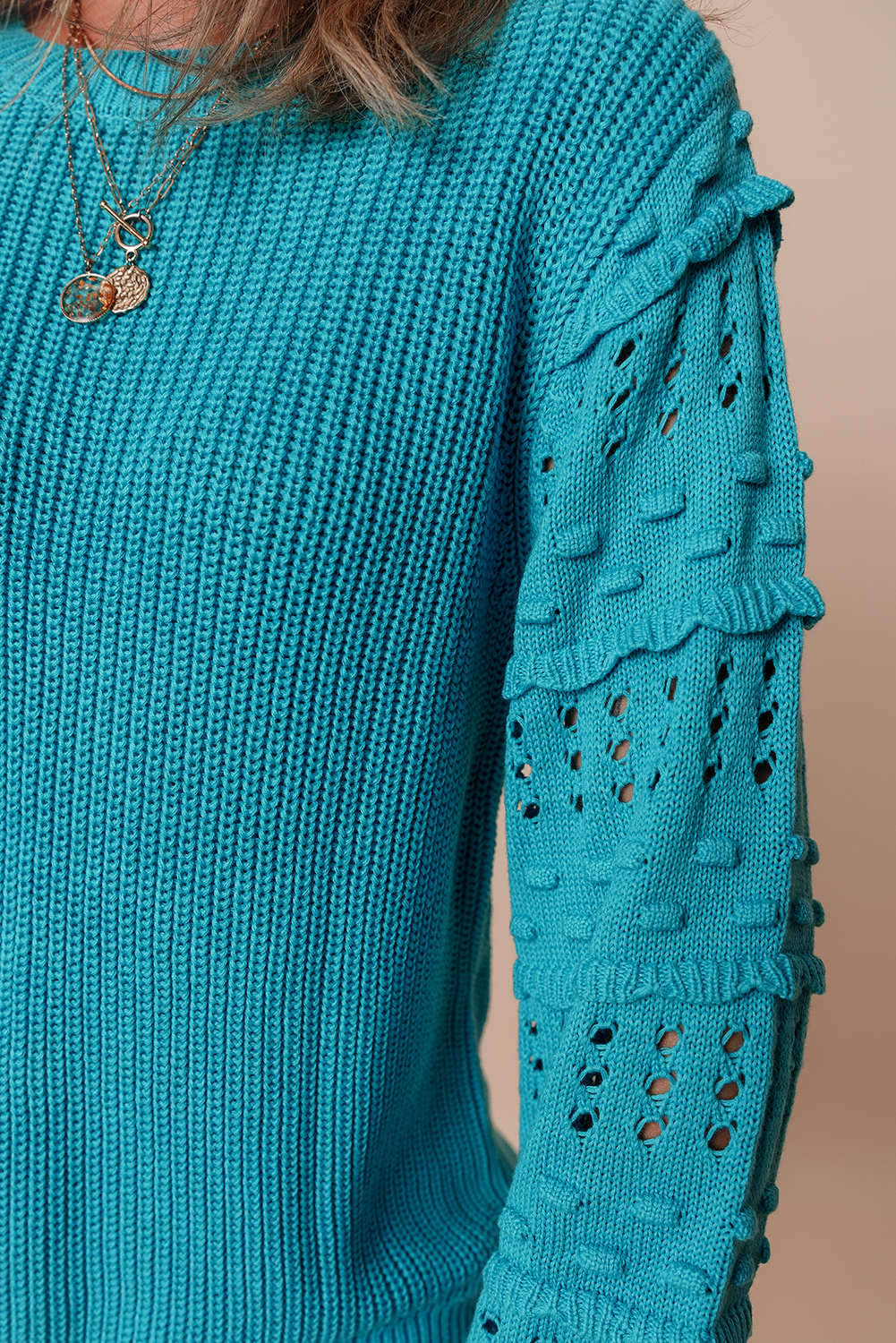 Women's Turquoise Ruffled Eyelet Bubble Sleeve Knit Sweater - Detail View 6 Women's Turquoise Ruffled Eyelet Bubble Sleeve Knit Sweater - Detail View 6