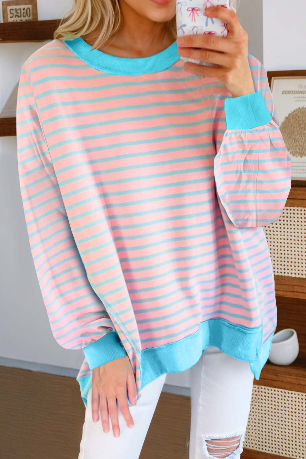 Women's Sweatshirt, Pink Stripe, High-Low, Pullover, Tunic, Long Sleeve, Casual Style, Fall & Autumn, Colorblock, Striped Pattern, Versatile, Comfortable, Trendy, Tops, Sweatshirts & Hoodies - Detail View 10 Women's Sweatshirt, Pink Stripe, High-Low, Pullover, Tunic, Long Sleeve, Casual Style, Fall & Autumn, Colorblock, Striped Pattern, Versatile, Comfortable, Trendy, Tops, Sweatshirts & Hoodies - Detail View 10