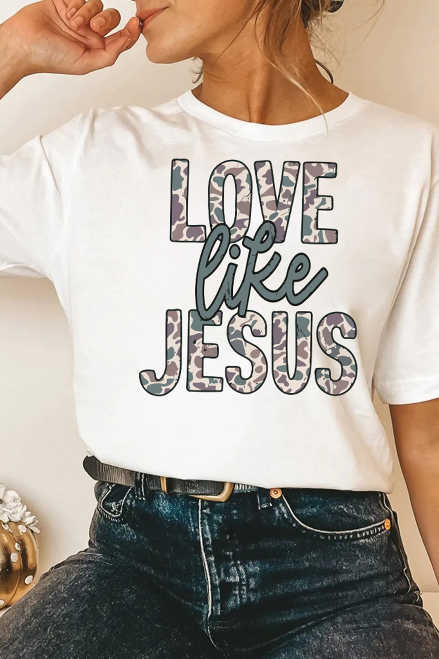 Graphic Letter Print Tee, Women's Faith Inspired Camo Top - Detail View 2 Graphic Letter Print Tee, Women's Faith Inspired Camo Top - Detail View 2