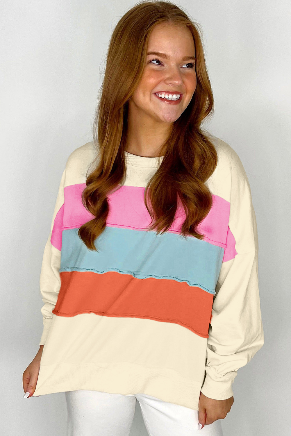 Trendy Casual Sweatshirt - White Colorblock Patchwork with Long Sleeves and Drop Shoulders - Detail View 2 Trendy Casual Sweatshirt - White Colorblock Patchwork with Long Sleeves and Drop Shoulders - Detail View 2