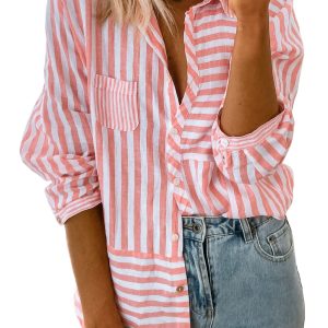 Women's Pink Stripe Buttoned Long Sleeve Casual Shirt - Main View