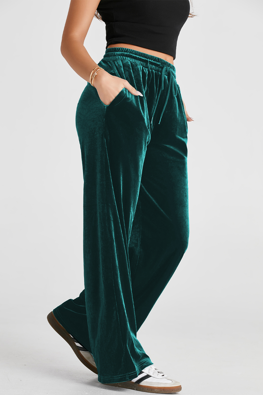 Women's Evergreen Solid Wide Leg Pants with Drawstring Waist - Detail View 6 Women's Evergreen Solid Wide Leg Pants with Drawstring Waist - Detail View 6