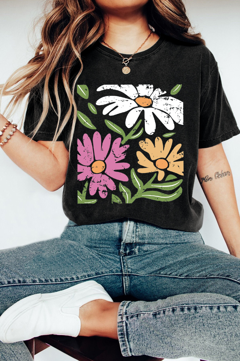 Retro Floral Print Tee - Black Crew Neck Shirt for Everyday Wear - Detail View 7 Retro Floral Print Tee - Black Crew Neck Shirt for Everyday Wear - Detail View 7