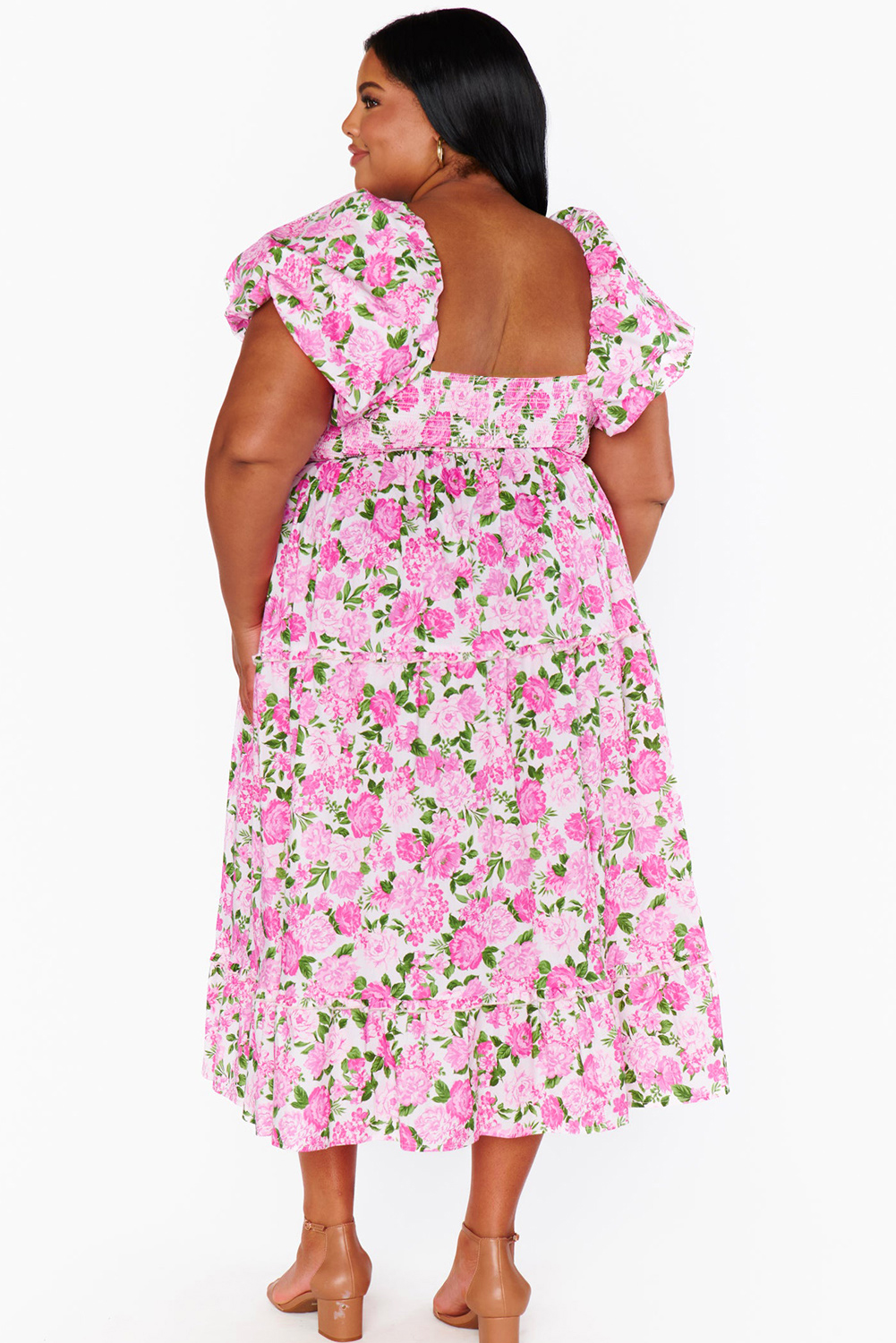 Flattering Plus Size Pink Floral Maxi Dress with Smocked Panel - Detail View 7 Flattering Plus Size Pink Floral Maxi Dress with Smocked Panel - Detail View 7