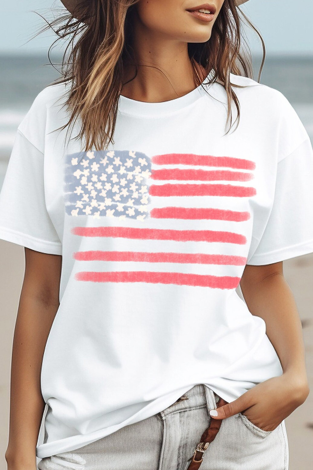 Classic Flag Graphic Tee with Crew Neck and Short Sleeves for Women - Detail View 2 Classic Flag Graphic Tee with Crew Neck and Short Sleeves for Women - Detail View 2