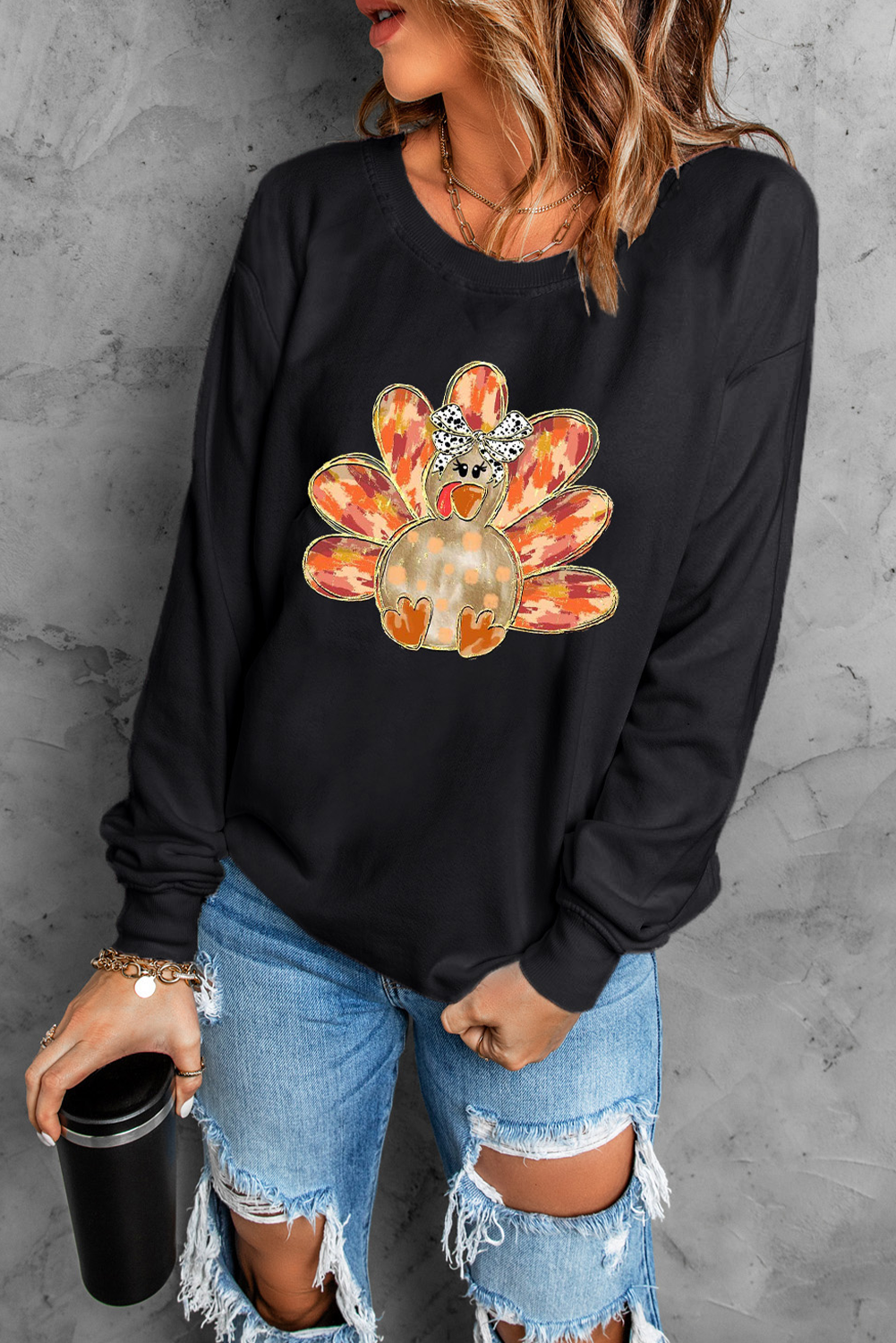 Women's Sweatshirt, Black, Thanksgiving Graphic, Turkey Design, Drop Shoulder, Crew Neck, Casual Style, Comfortable, Fall Apparel, Autumn Fashion, Long Sleeve, Cozy, Relaxed Fit, Perfect for Holidays, Tops, Graphic Sweatshirts - Detail View 8 Women's Sweatshirt, Black, Thanksgiving Graphic, Turkey Design, Drop Shoulder, Crew Neck, Casual Style, Comfortable, Fall Apparel, Autumn Fashion, Long Sleeve, Cozy, Relaxed Fit, Perfect for Holidays, Tops, Graphic Sweatshirts - Detail View 8