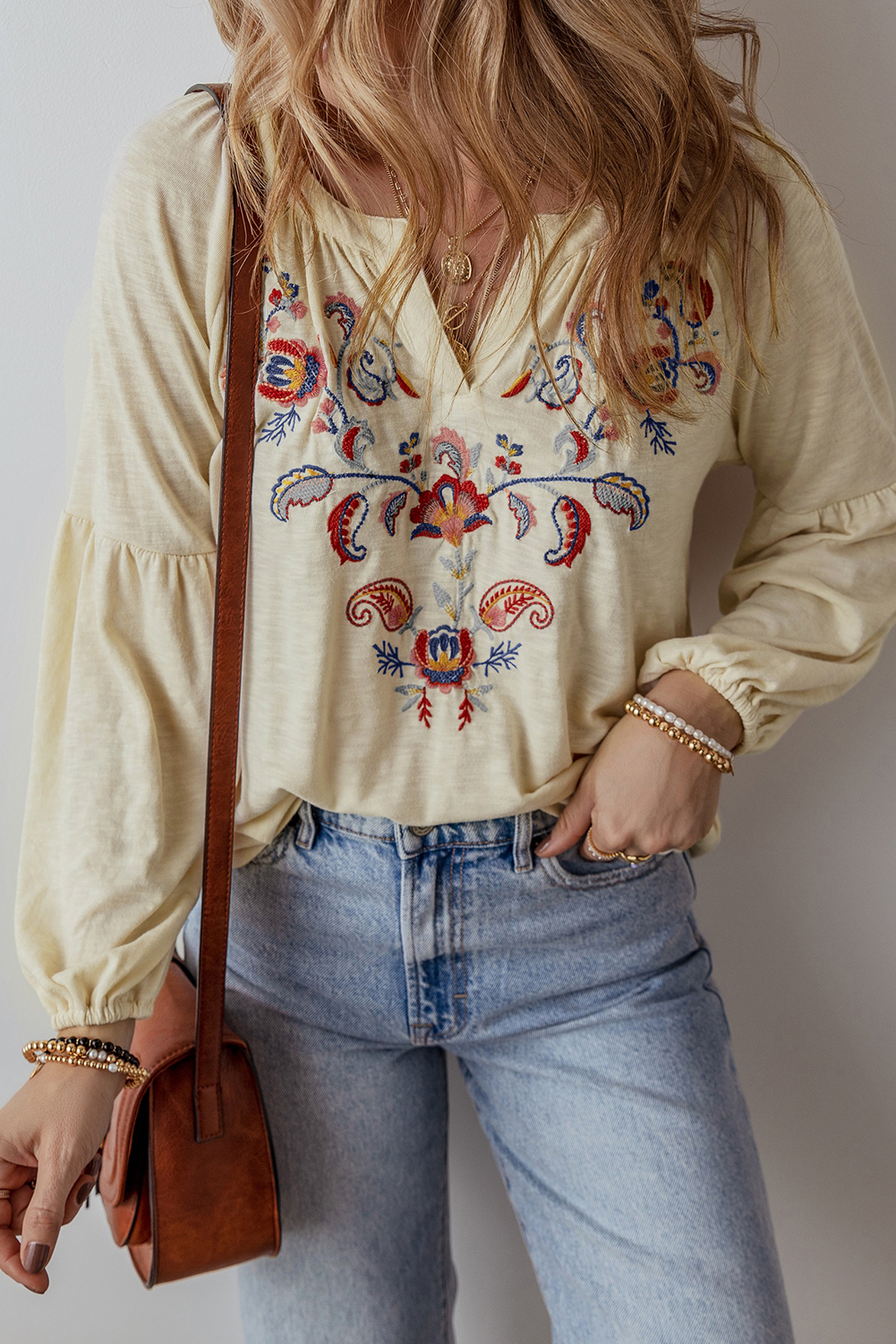 Women's Apricot Paisley Floral Embroidered Notch V Neck Blouse - Detail View 6 Women's Apricot Paisley Floral Embroidered Notch V Neck Blouse - Detail View 6
