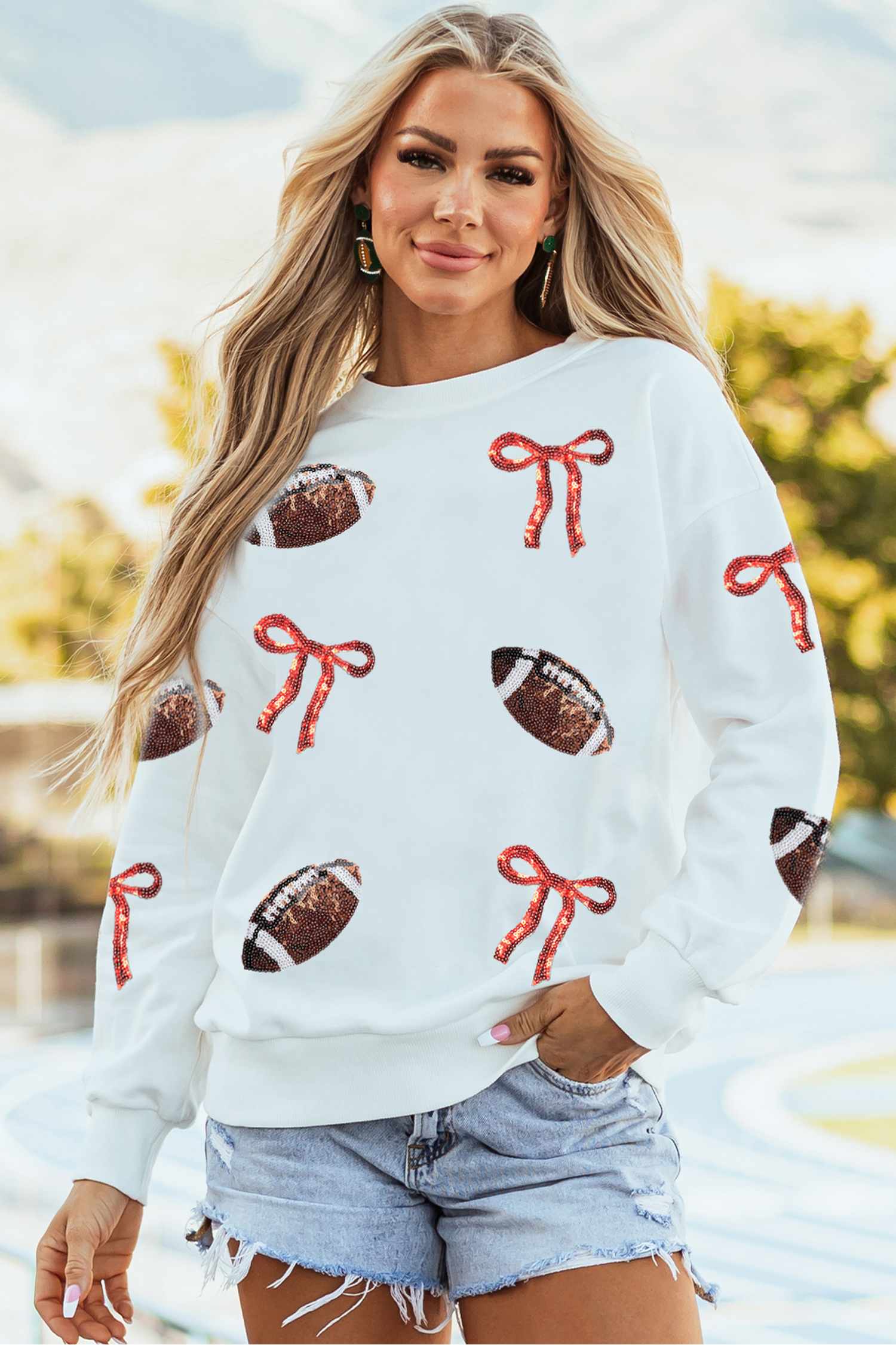 White Sequin Football Sweatshirt, Long Sleeve Game Day Top - Detail View 8 White Sequin Football Sweatshirt, Long Sleeve Game Day Top - Detail View 8