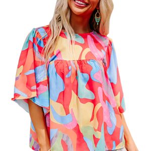 Women's Abstract Print Blouse, Casual Flutter Sleeve Top - Main View
