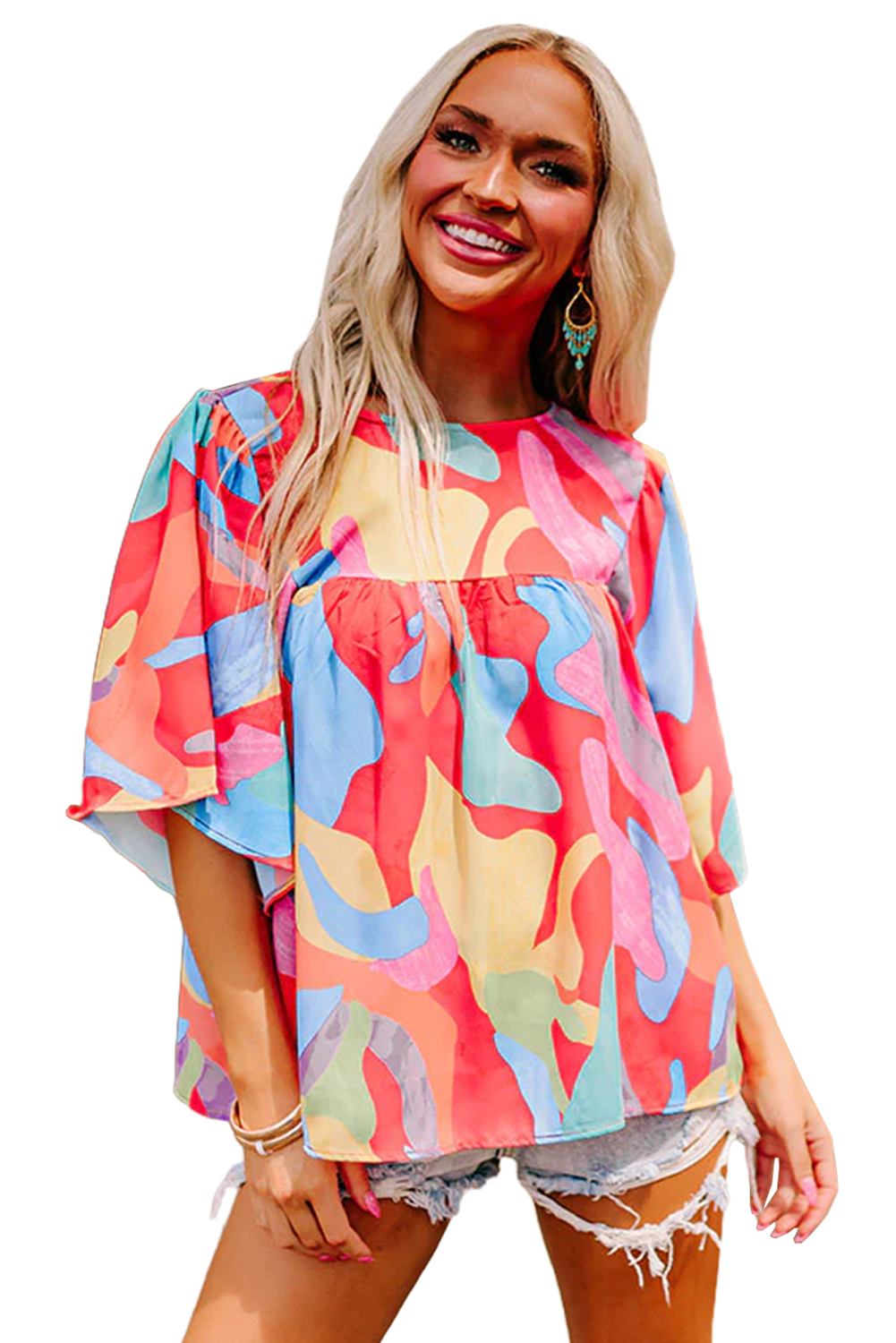 Women's Abstract Print Blouse, Casual Flutter Sleeve Top - Main View Women's Abstract Print Blouse, Casual Flutter Sleeve Top - Main View