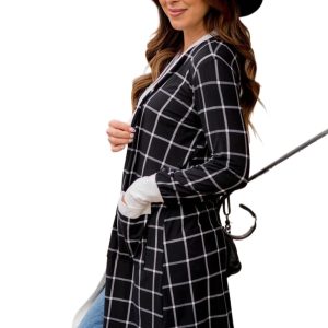 Women's Black Plaid Colorblock Edge Open Cardigan with Pockets - Main View
