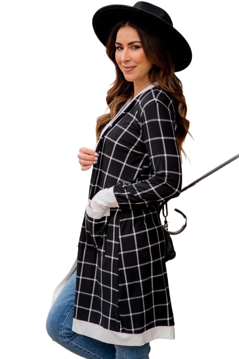 Women's Black Plaid Colorblock Edge Open Cardigan with Pockets - Main View Women's Black Plaid Colorblock Edge Open Cardigan with Pockets - Main View
